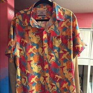 Red and Yellow Casual Button Down Shirt—Abstract Pattern Palms & Freedom Stix